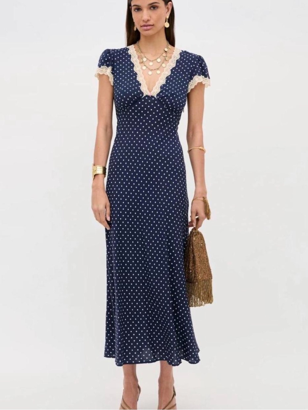 RIXO Navy Polka Dot Lace-Trim Maxi Dress NWOT
